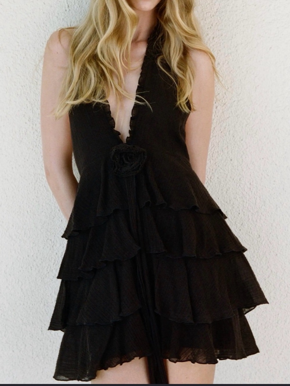 Zara Black Halter Tiered Ruffle Mini Dress